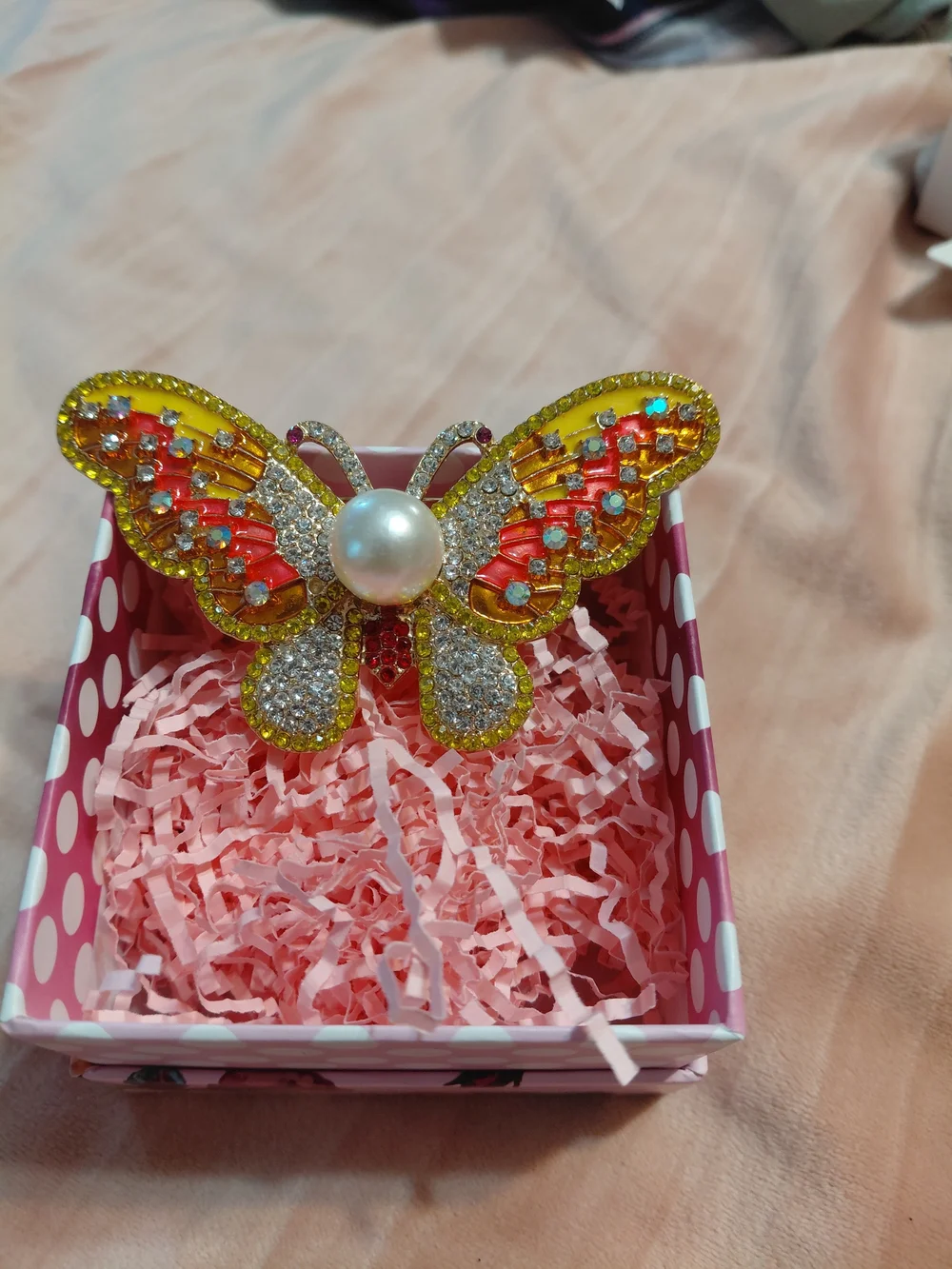 Butterfly Crystal Pearl Brooch - Gold & Red Accent